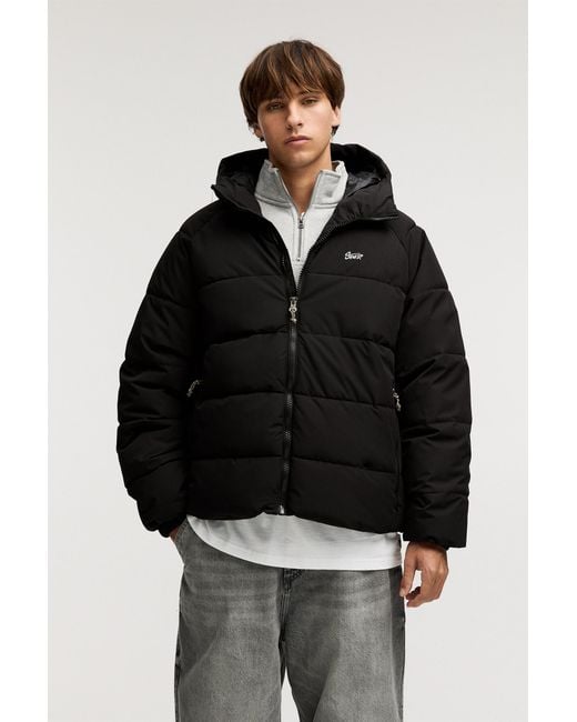 Pull&Bear Black Hooded Stwd Puffer Jacket for men