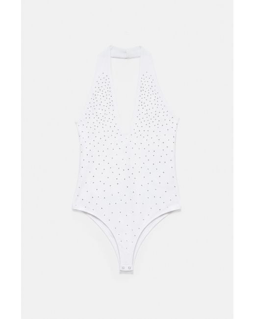 Pull&Bear White Rhinestone Halter Bodysuit