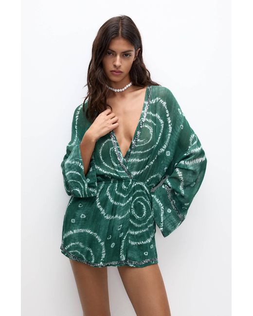 Pull&Bear Green Kurzer Jumpsuit Mit Print