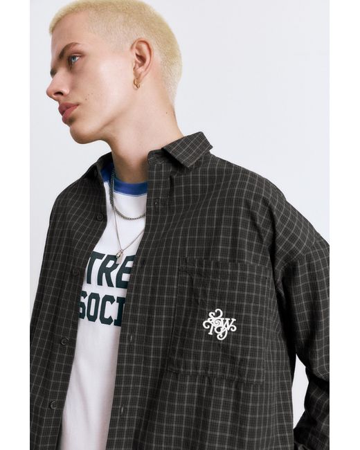 Pull&Bear Black Stwd Embroidered Plaid Shirt for men