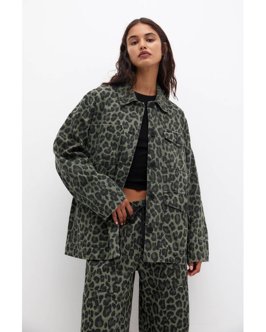 Pull&Bear Green Leopard Print Worker Jacket