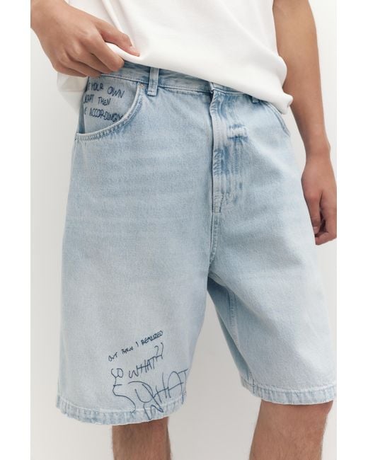 Pull&Bear Blue Embroidered Baggy Denim Bermuda Shorts for men