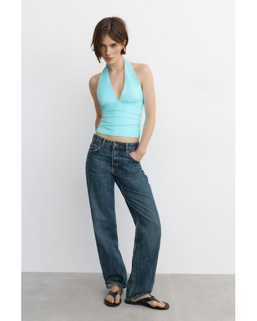 Pull&Bear Haltertop Met Plooien in het Blue