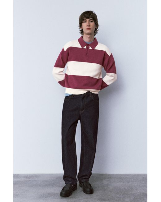 Pull&Bear Red Paneled Knit Polo Shirt for men
