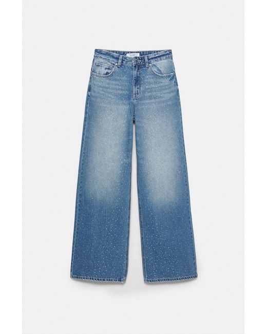 Pull&Bear Blue Straight-Leg Baggy Jeans With Rhinestones
