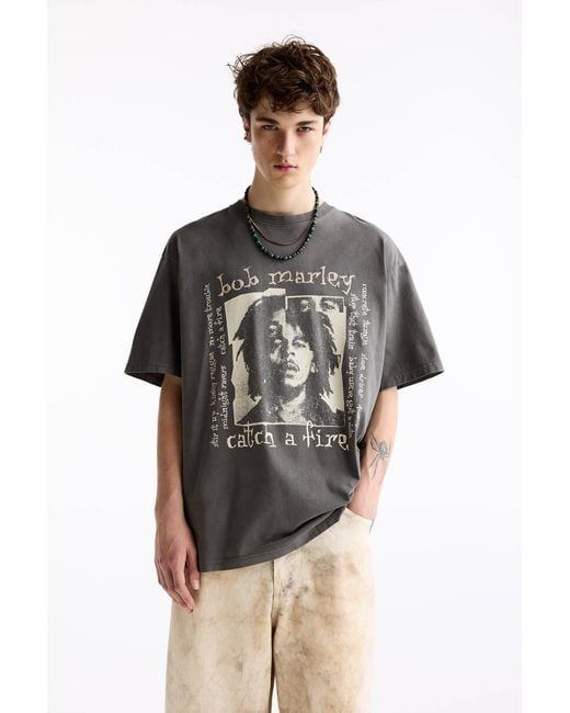 Pull&Bear Black Washed Bob Marley T-Shirt for men