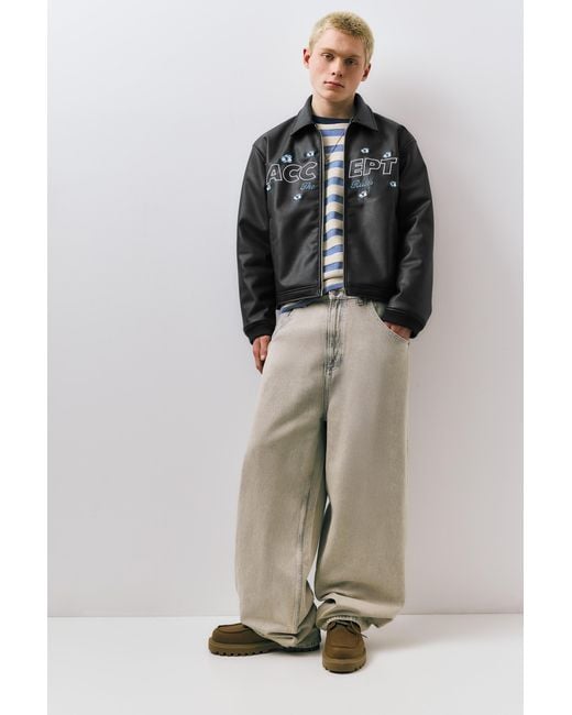 Pull&Bear Black Faux Leather Flower Jacket for men