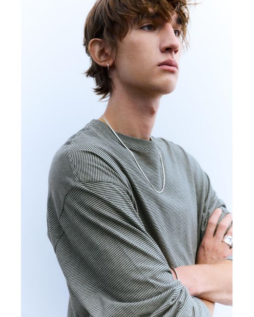 Pull&Bear Blue Long Sleeve Striped T-Shirt for men