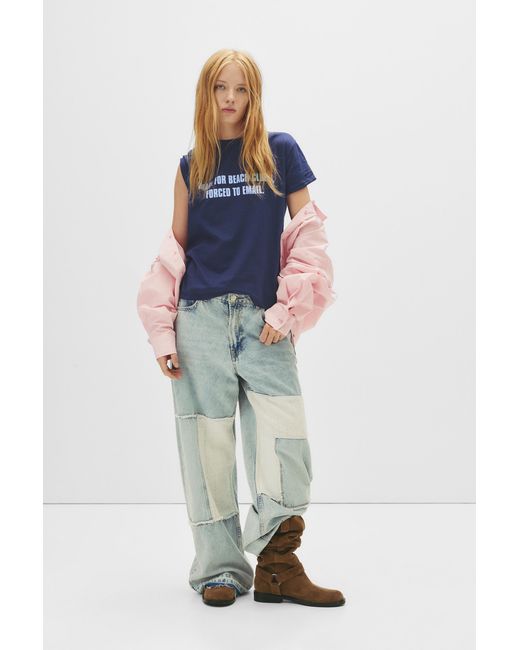 Pull&Bear Blue Slogan T-Shirt