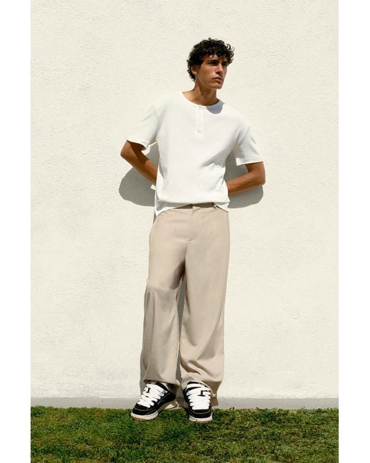 Pull&Bear White Basic Henley T-Shirt for men