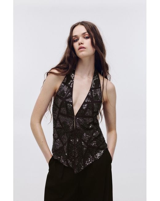 Pull&Bear Black Beaded Halter Top