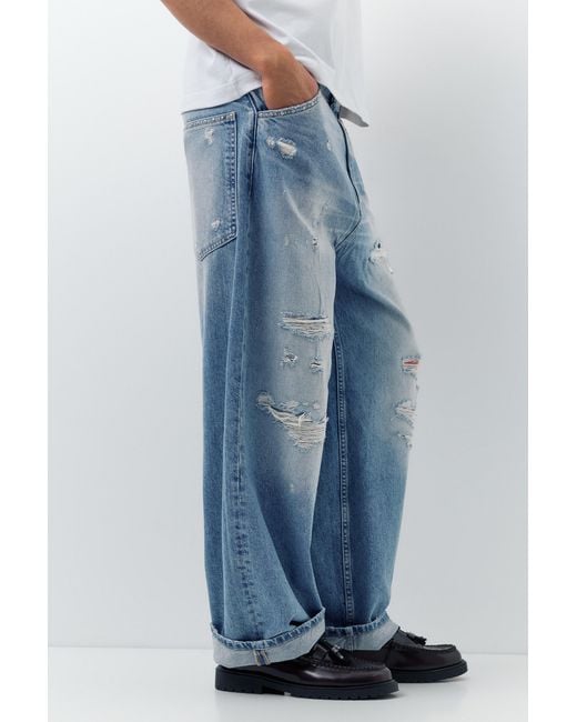 Pull&Bear Blue Super Baggy Ripped Jeans for men