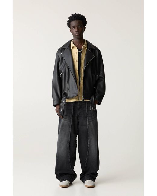 Pull&Bear Black Faux Leather Biker Jacket for men