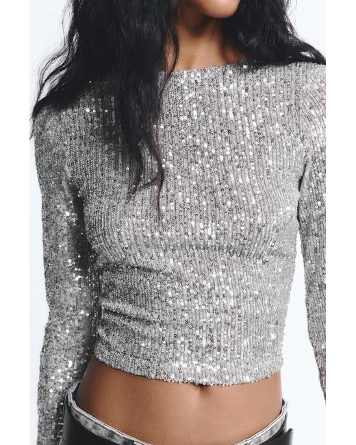 Pull&Bear Gray Long Sleeve Sequin Top