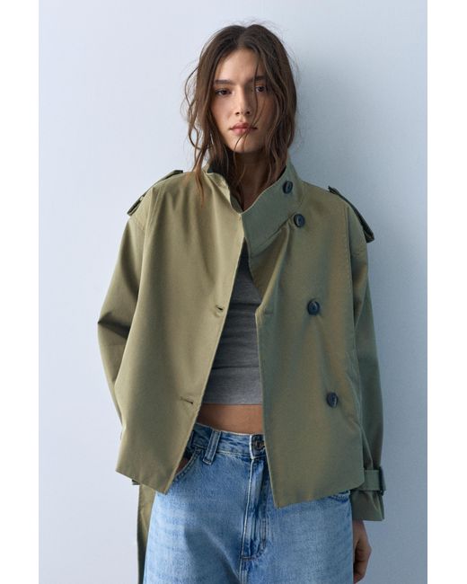 Pull&Bear Green Cropped High Neck Trench Coat