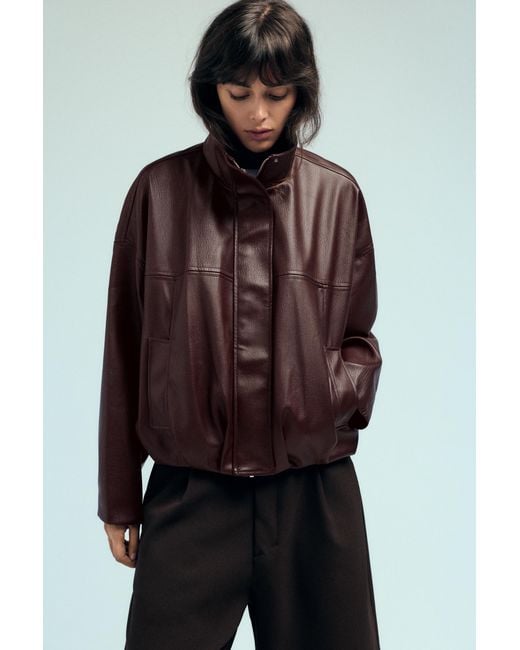 Pull&Bear Brown Leather-Effect Balloon Jacket
