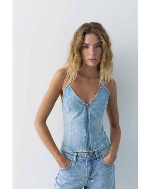 Pull&Bear Blue Rhinestone Heart Denim Halter Top