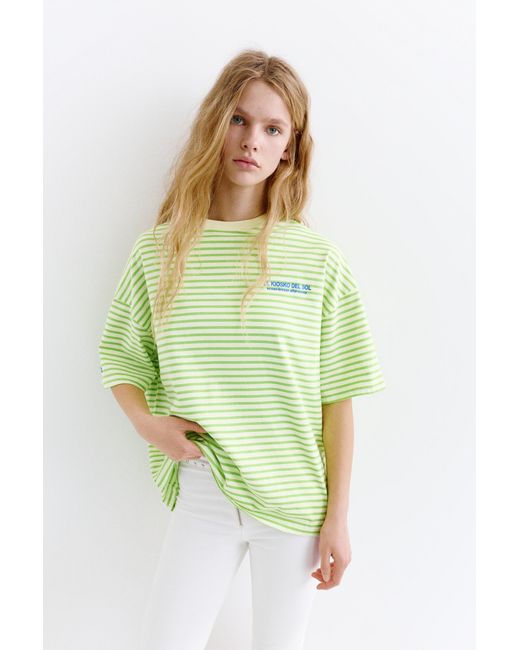 Pull&Bear Green Striped T-Shirt