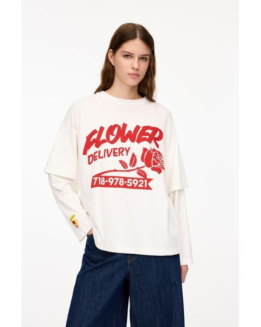 Pull&Bear White Deli & Grocery T-Shirt With Double Sleeves