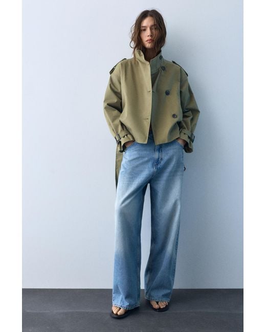 Pull&Bear Green Cropped High Neck Trench Coat