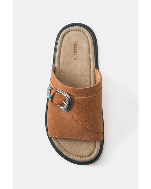 Pull&Bear Brown Leather Cowboy Sandals for men
