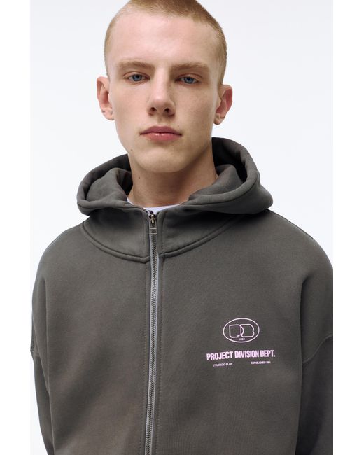 Pull&Bear Gray Boxy Zip-Up Hoodie for men