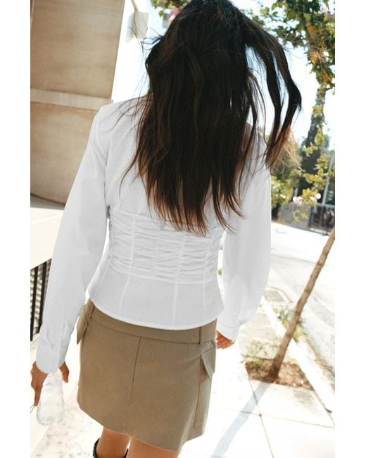 Pull&Bear White Fitted Gathered Poplin Shirt