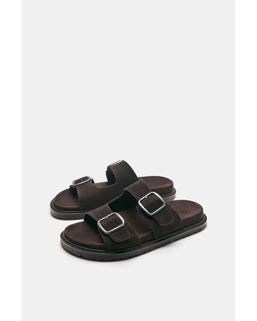Pull&Bear Black Leather Buckle Sandals for men