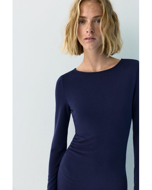 Pull&Bear Blue Draped Flowing Cupro Midi Dress