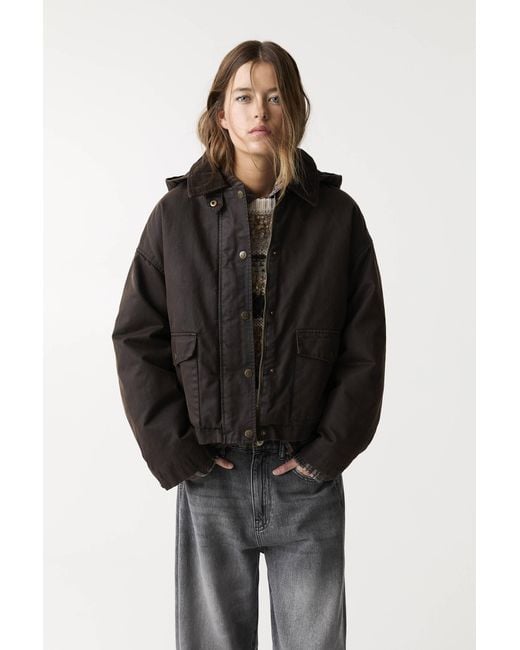 Pull&Bear Black Waxed Jacket With Corduroy Collar And Hood