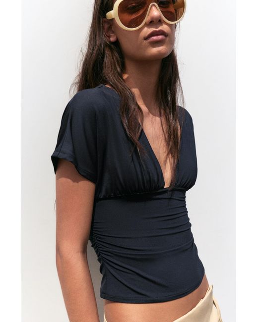 Pull&Bear Blue Gathered V-Neck Top