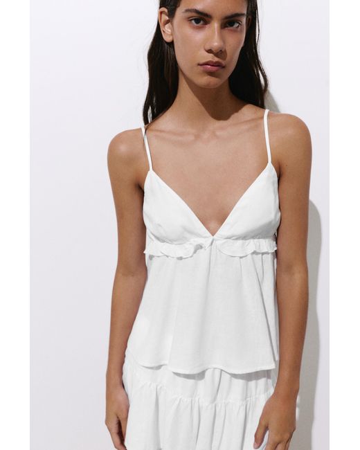 Pull&Bear White Ruffled Linen Blend Top