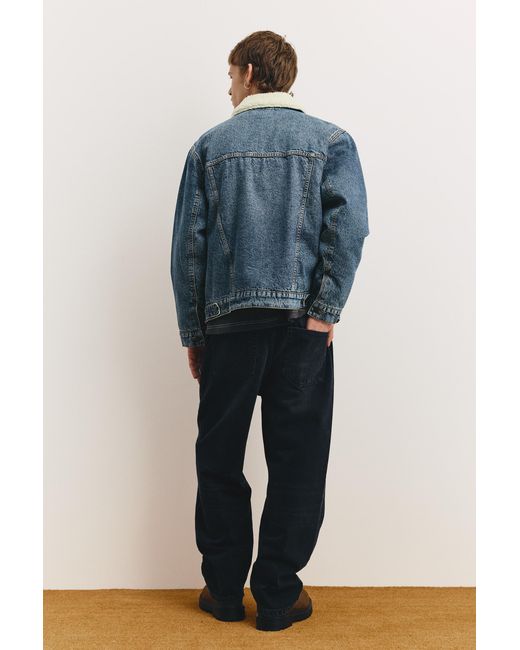 Pull&Bear Blue Denim Jacket With Faux Shearling Collar for men