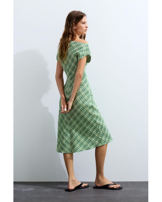 Pull&Bear Green Asymmetric Checked Midi Dress