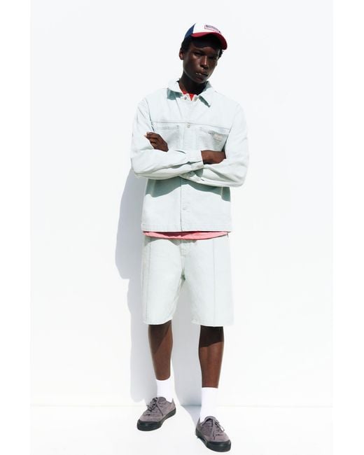 Pull&Bear White Baggy Denim Bermuda Shorts With Seams for men