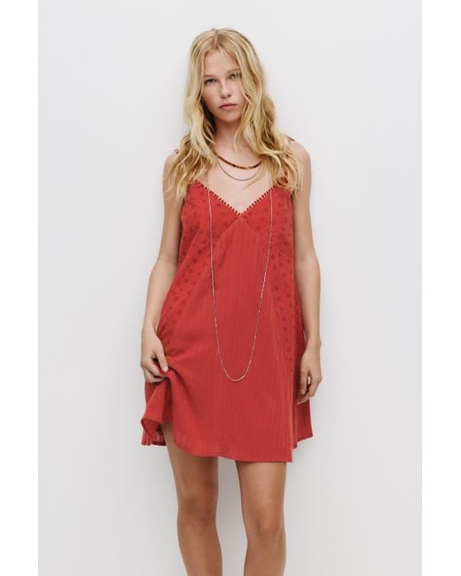 Pull&Bear Red Short Patchwork Dress With Embroidery