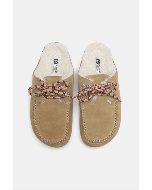 Pull&Bear White Faux Shearling Leather Lace-Up Clogs