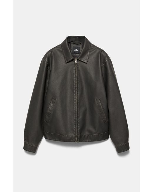 Pull&Bear Gray Washed Leather Effect Jacket for men