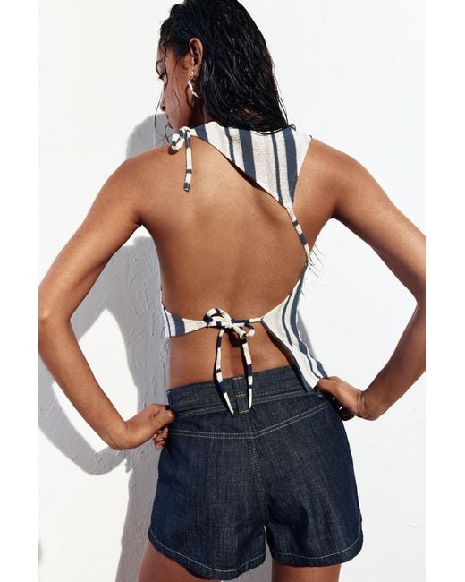 Pull&Bear White Asymmetric Striped Rustic Top