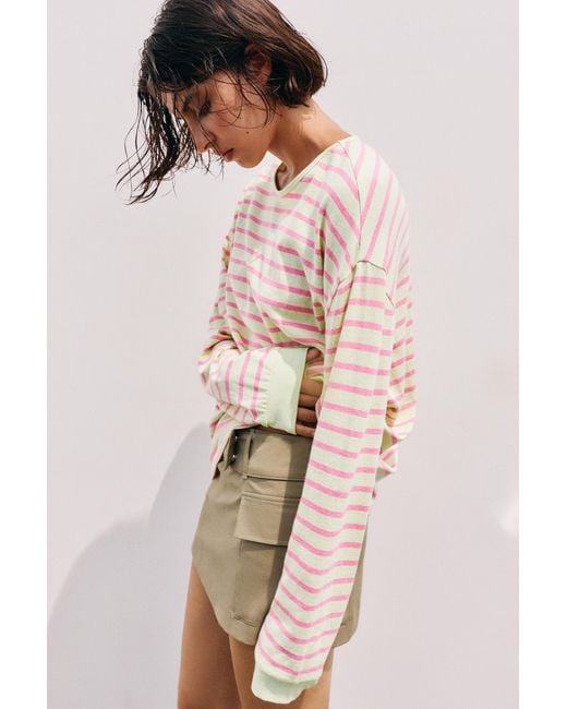 Pull&Bear Pink Oversize Long Sleeve Striped T-Shirt