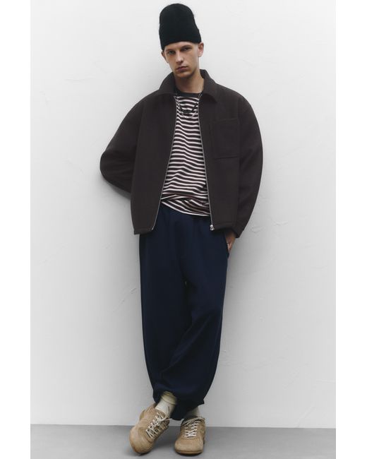 Pull&Bear Black Wool Overshirt With Zip for men