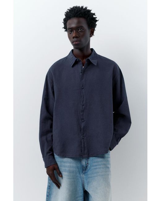 Pull&Bear Blue Long Sleeve Linen Blend Shirt for men