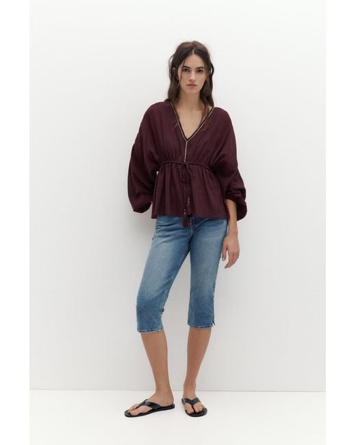 Pull&Bear Multicolor Beaded Tie Blouse