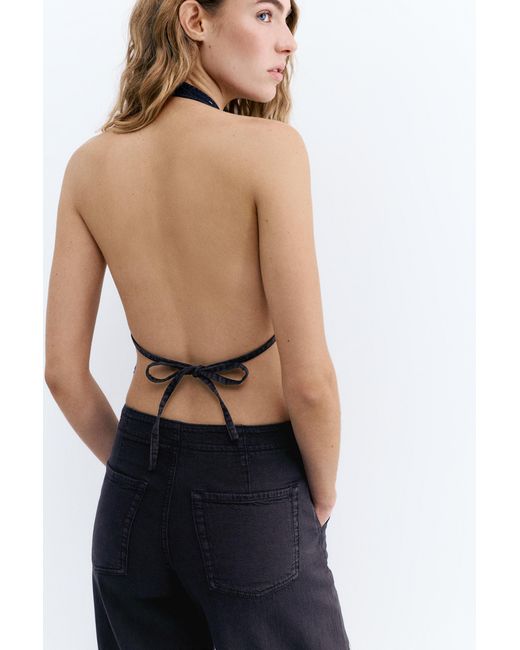 Pull&Bear Denim Haltertop Met Eyelets in het Black