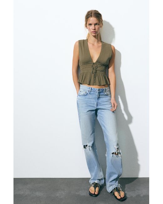 Pull&Bear Green Crepe Top With Ties