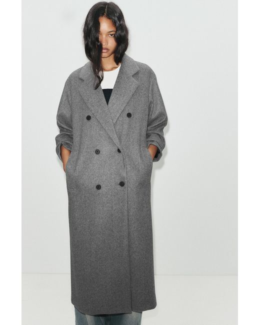 Pull&Bear Gray Long Double-Breasted Cloth Coat