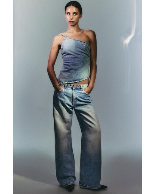 Pull&Bear Blue Mid-Waist Straight-Leg Jeans With Rhinestones