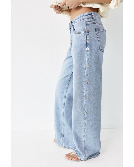 Pull&Bear Blue Baggy Jeans With Button Detail