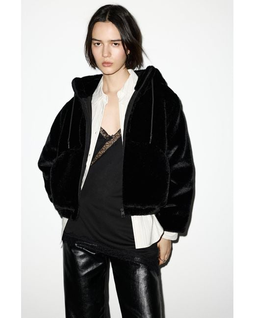 Pull&Bear Black Faux Fur Hooded Jacket