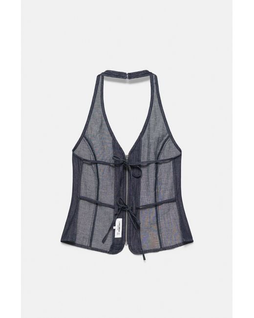 Pull&Bear Brown Denim Halter Top With Zip